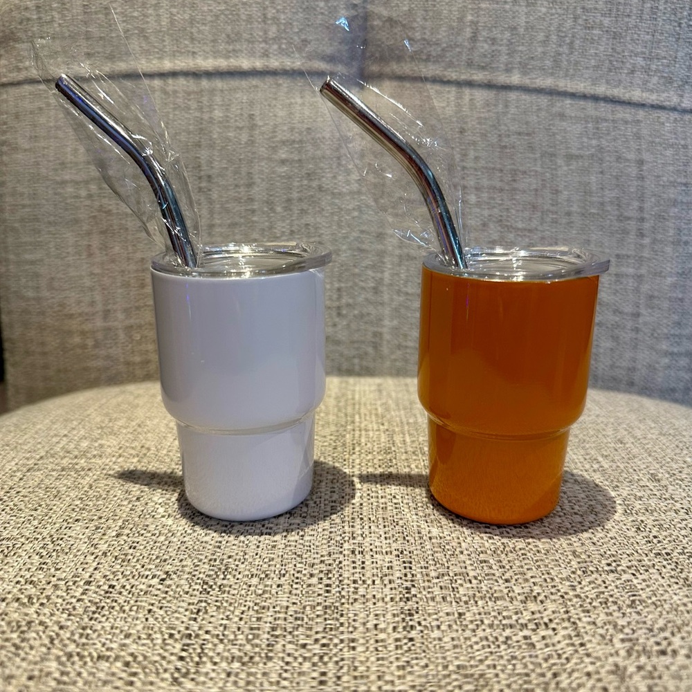 Set of Mini White and Orange Tumblers with Metal Straws